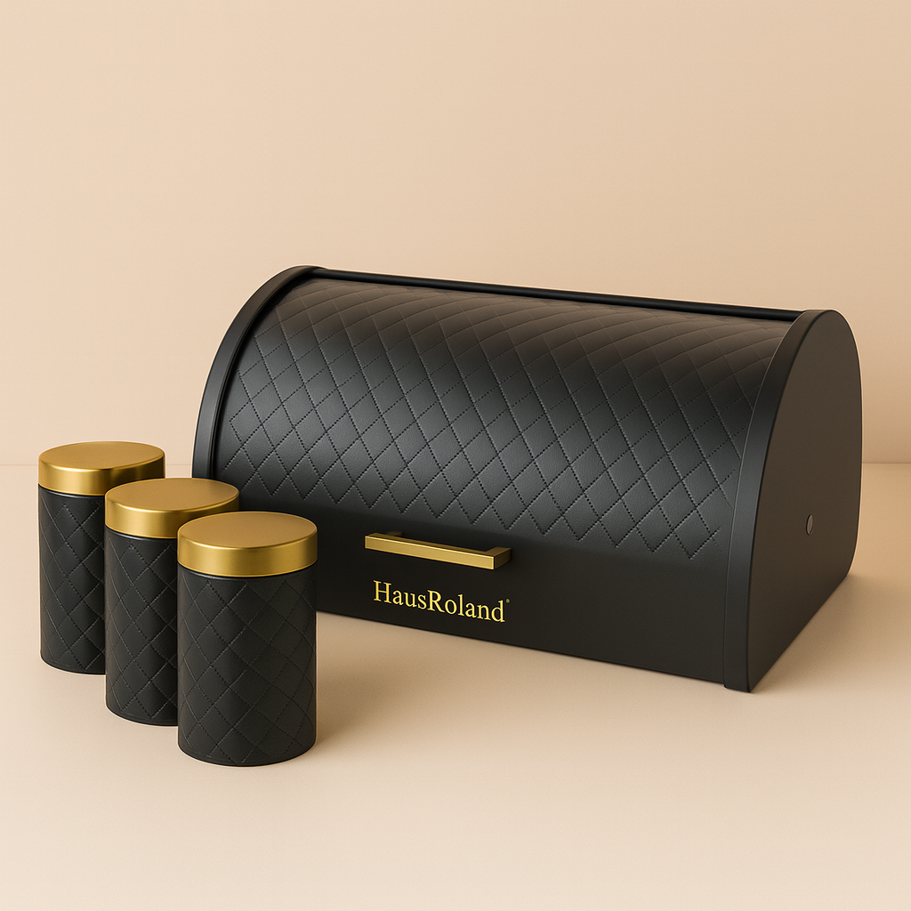 HausRoland Luxe Quilted Bread Bin & Canister Set – Black & Gold