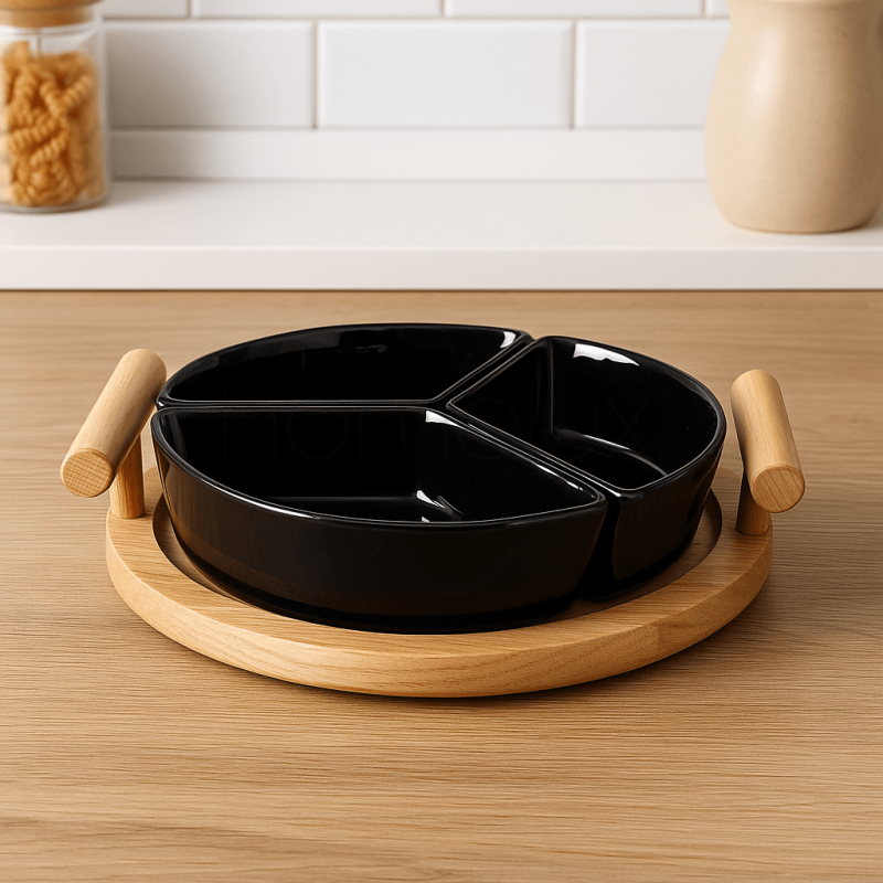 Luxury Black Ceramic 3-Partition Serving Tray with Wooden Base | Elegant Appetizer & Snack Platter