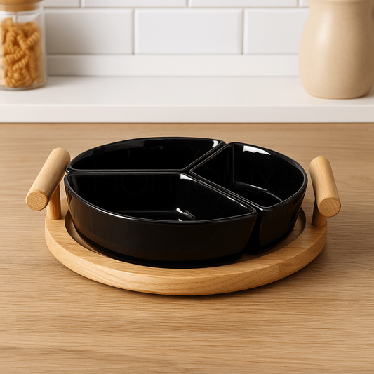 Luxury Black Ceramic 3-Partition Serving Tray with Wooden Base | Elegant Appetizer & Snack Platter