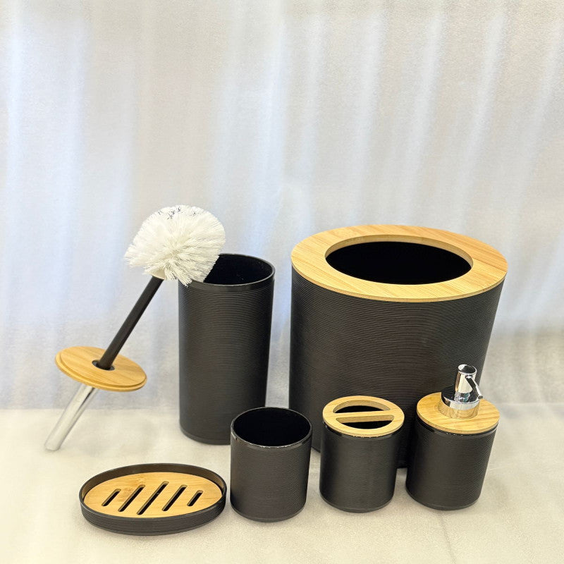 Luxury Black 6-Piece Bathroom Accessories Set with Bamboo Accents | Modern Bathroom Organizer & Decor