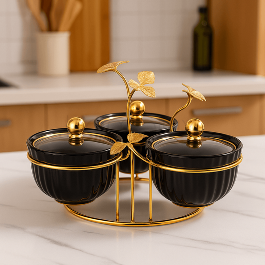 Luxury Black & Gold 3-Piece Leaf Condiment Set | Elegant Tabletop Spice & Sauce Organizer