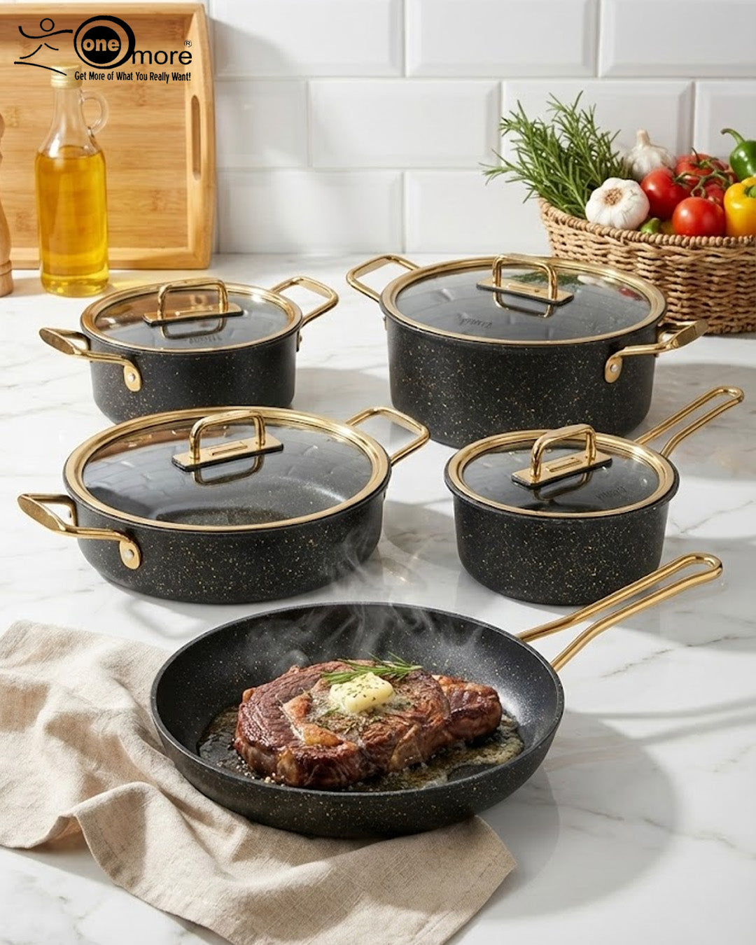 Falez 9-Piece Premium Granite Non-Stick Cookware Set – Black & Gold Series | Made in Turkey