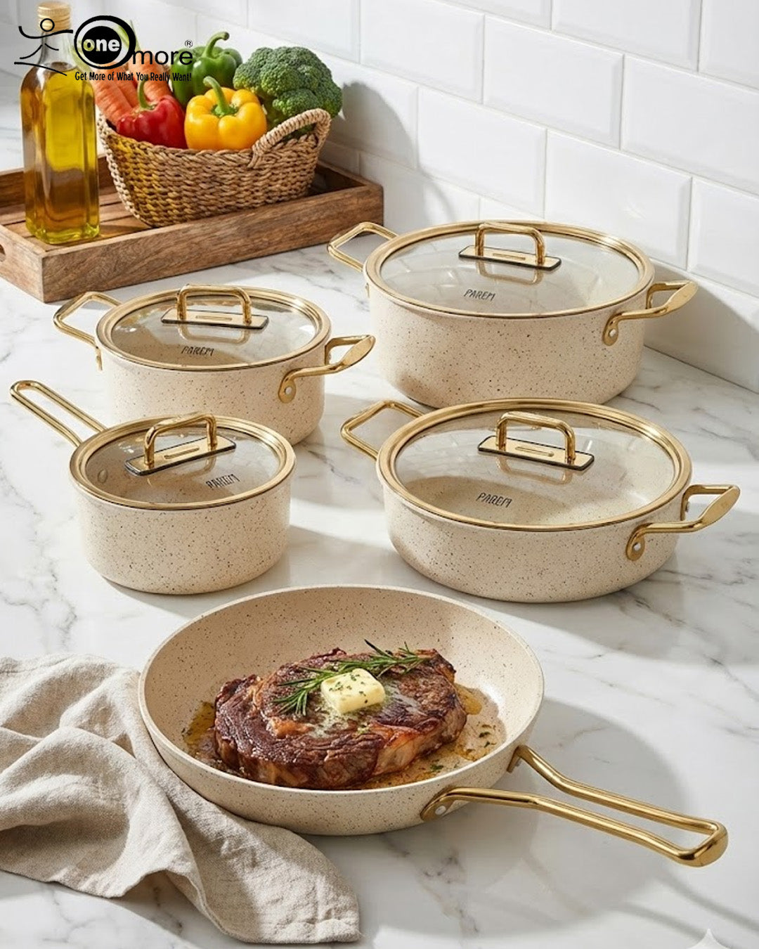 Falez Premium 9-Piece Granite Non-Stick Cookware Set – Creamy & Gold Edition | Made in Turkey