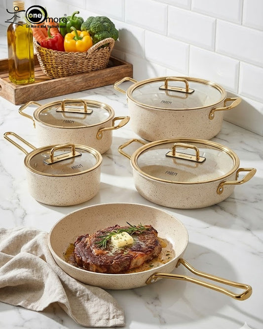 Falez Premium 9-Piece Granite Non-Stick Cookware Set – Creamy & Gold Edition | Made in Turkey