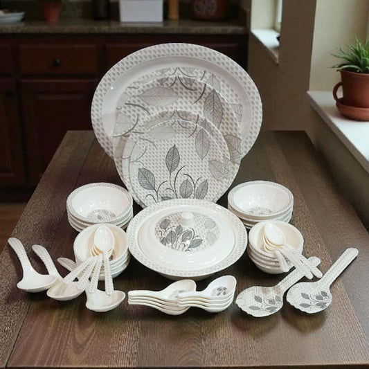 Modern 68 PCS Dinner Set – White Embossed Leaf Pattern | Adornia.pk