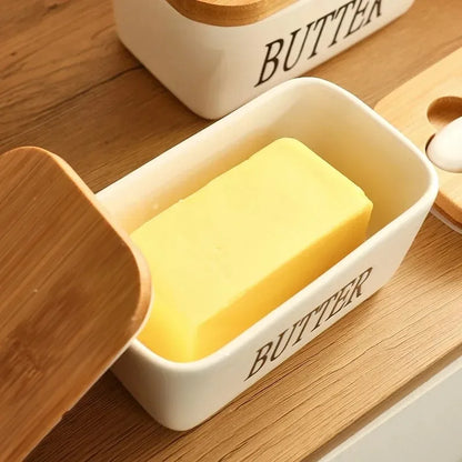 Ceramic Butter Dish with Wooden Lid & Knife Holder
