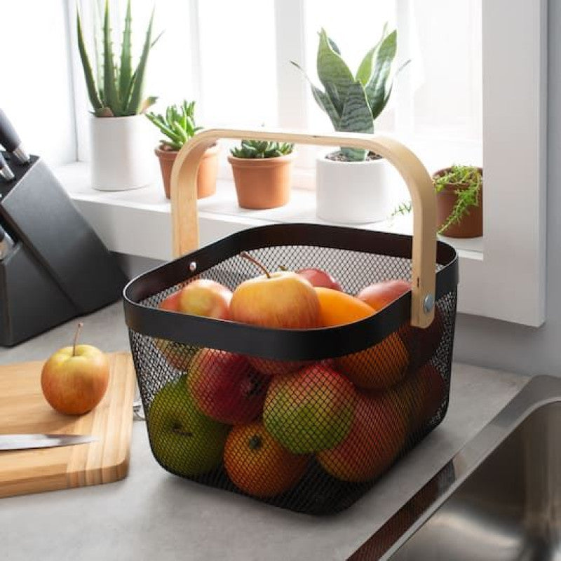 Modern Metal Mesh Fruit Basket with Wooden Handle – Stylish Kitchen Counter Storage for Fruits and Vegetables | Adornia.pk
