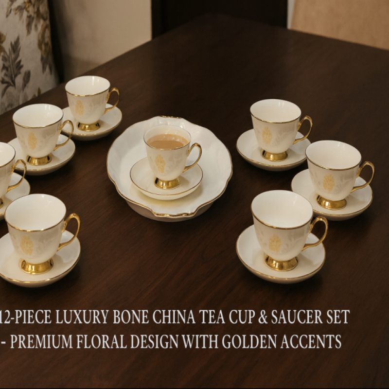 12-Piece Luxury Bone China Tea Cup & Saucer Set | Floral Design with Gold Accents for Home & Dining