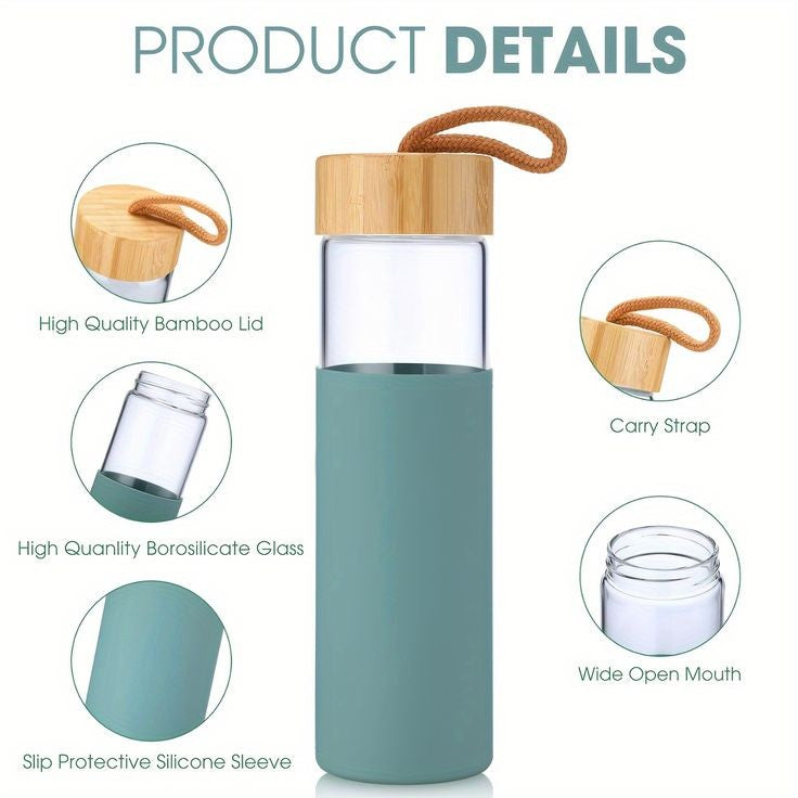 Glass Water Bottle with Wood Lid and Silicone Sleeve