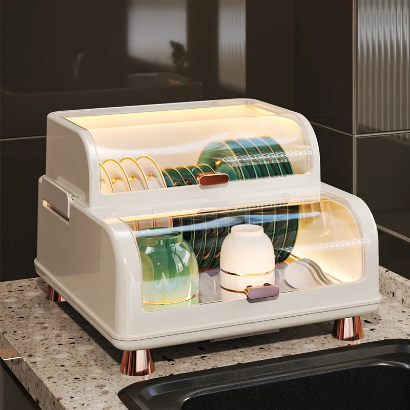 Kitchen Double Layer Dish Rack with Lid