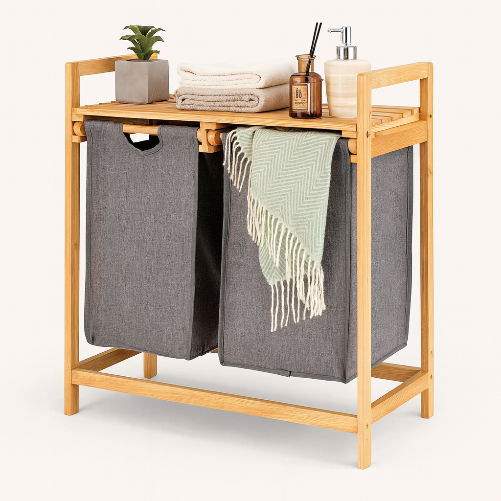 Bamboo Laundry Hamper With Dual Compartments - Grey