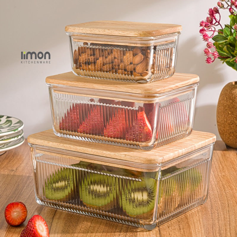 Robust 3-Piece Glass Container Set with Wooden Lid (2211) By Limon