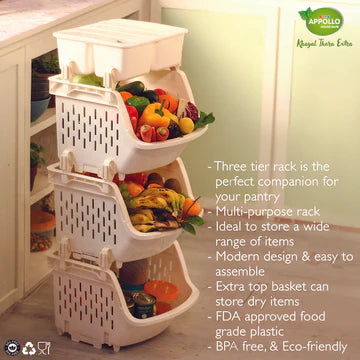 APPOLLO SPACE-SAVING 3-TIER KITCHEN FRUIT & VEGETABLE STORAGE RACK WITH TOP COVER BOX
