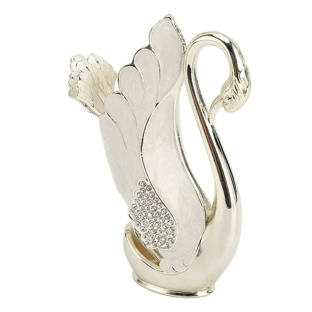 STAINLESS STEEL SWAN SHAPED TEA SPOON HOLDER WITH 6 SPOONS