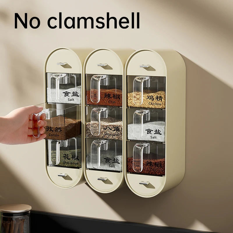 Wall mounted Seasoning Box Salt Pepper Spice Rack Jar Sugar Bowl Spice Box Organizer Kitchen Spice Organizer Set Storage Shelf