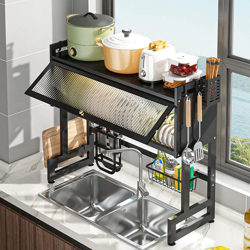 Over Sink Dish Drying Rack with Dust-Proof Cabinet Doors, 2 Tier Large Storage Kitchen Dish Drainer Rack Space Saver Shelf Holder, Above Sink Dish Racks with Utensil Holder, Knife Holder
