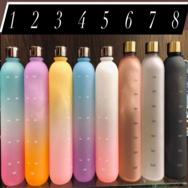 1000ML Large Capacity Matte Water Bottle Plastic Cup with Copper Lid Transparent Frosted Cup Time Marker Cup