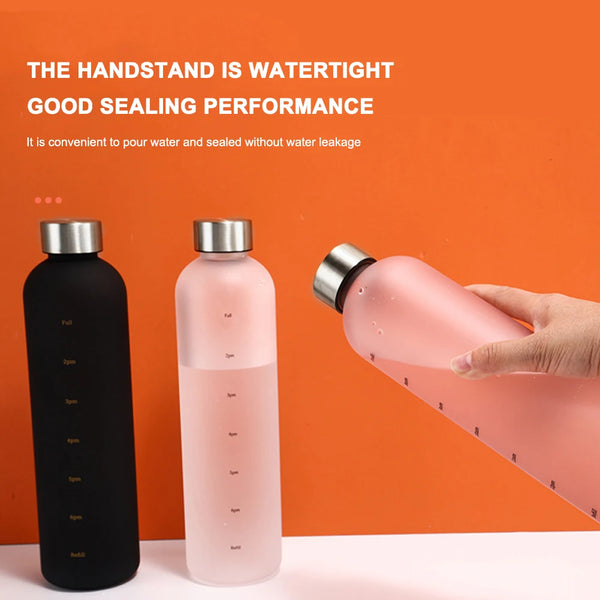 1000ML Large Capacity Matte Water Bottle Plastic Cup with Copper Lid Transparent Frosted Cup Time Marker Cup