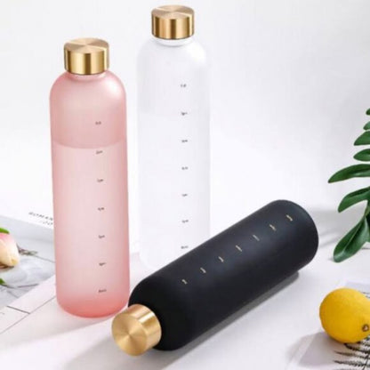 1000ML Large Capacity Matte Water Bottle Plastic Cup with Copper Lid Transparent Frosted Cup Time Marker Cup