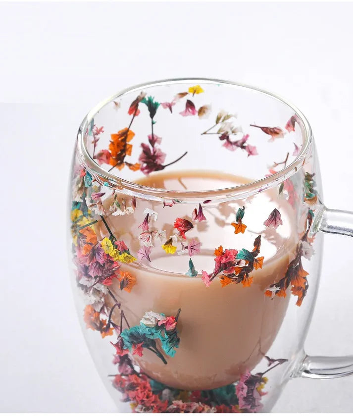 Double Wall Glass Flower Mug