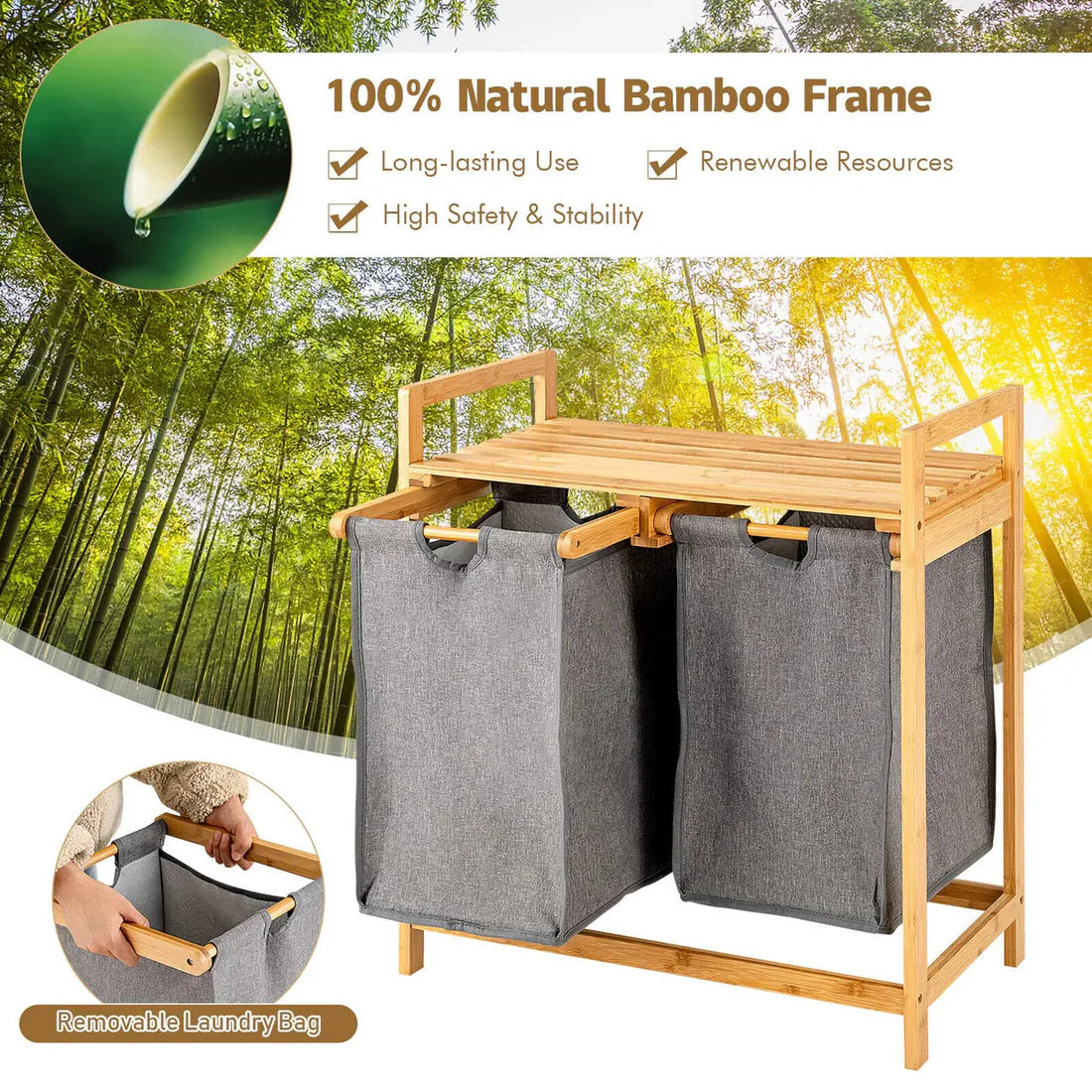 Bamboo Laundry Hamper With Dual Compartments