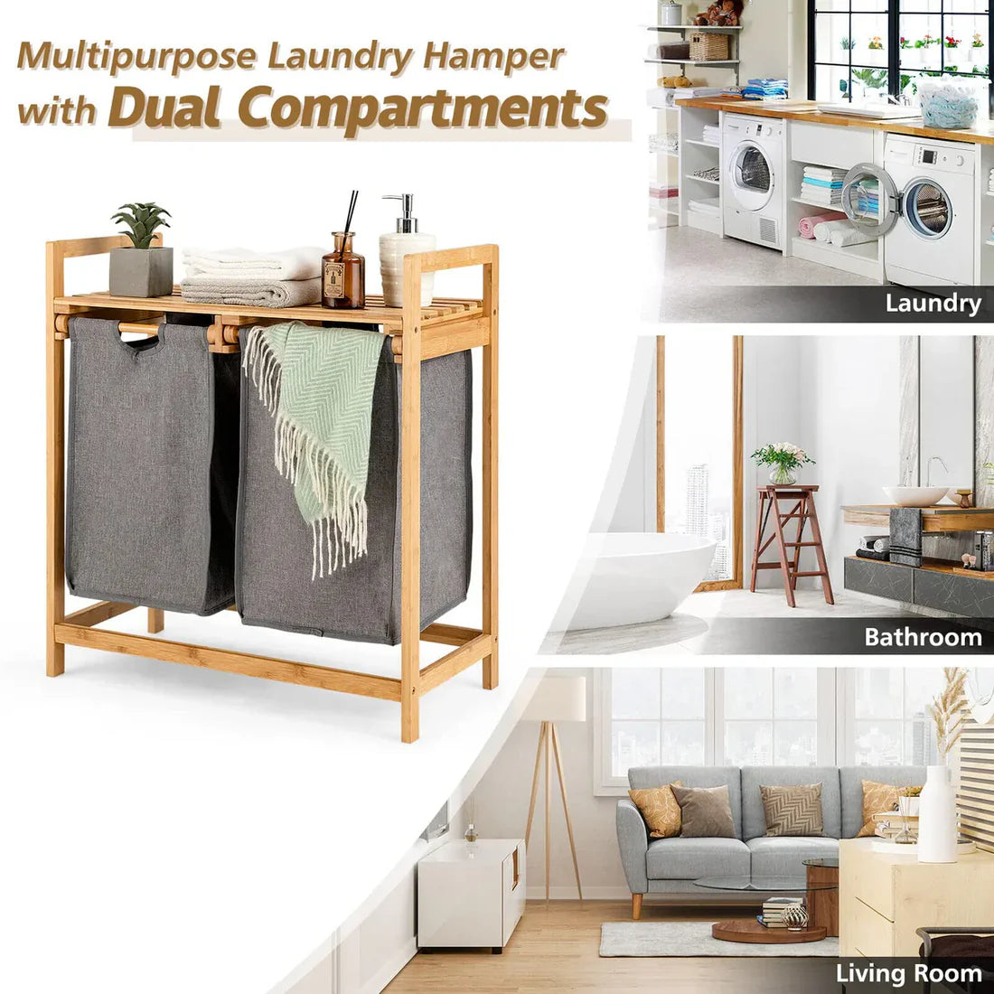 Bamboo Laundry Hamper With Dual Compartments