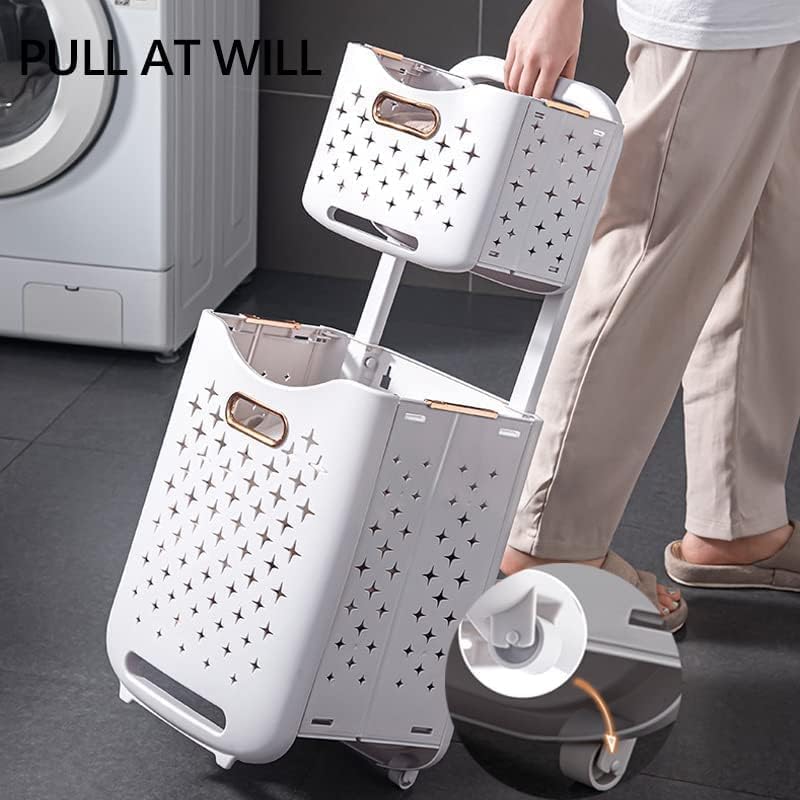 Laundry Trolley on Wheels – 2-Layer Laundry Basket with 2 Storage Baskets