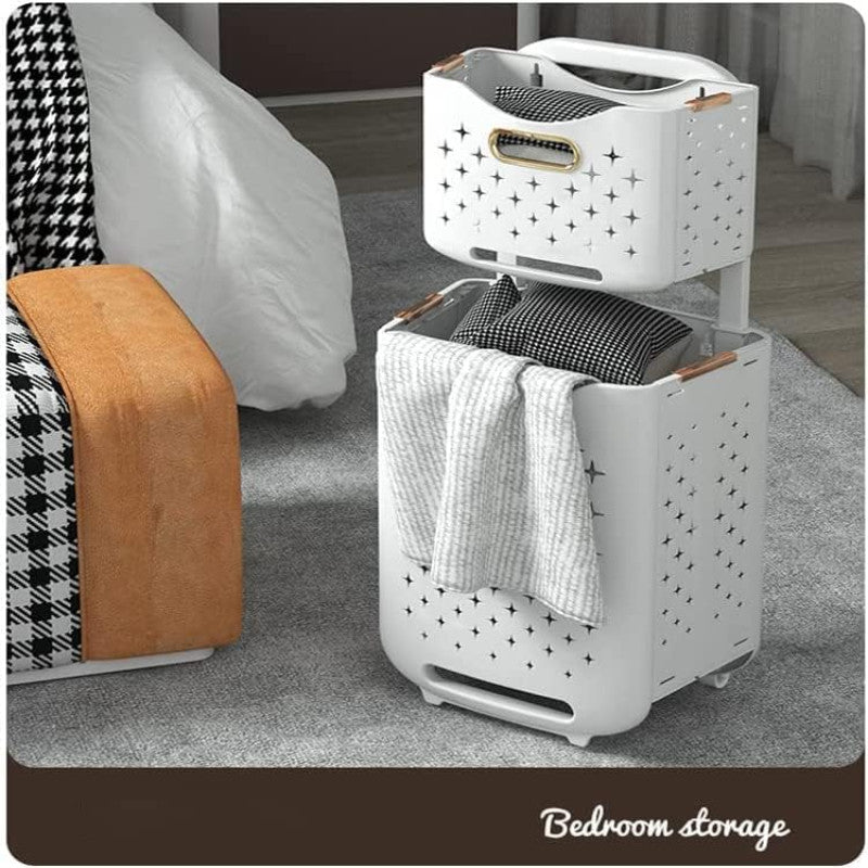 Laundry Trolley on Wheels – 2-Layer Laundry Basket with 2 Storage Baskets