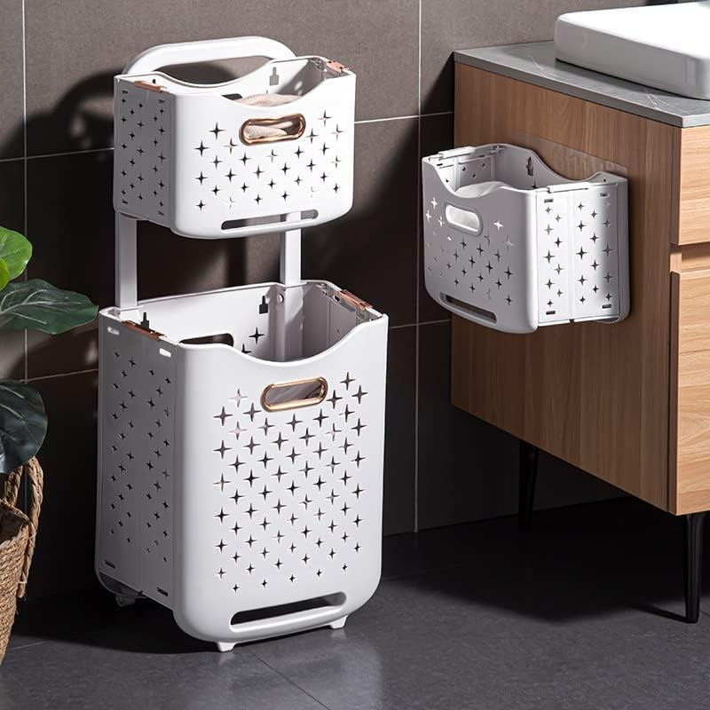 Laundry Trolley on Wheels – 2-Layer Laundry Basket with 2 Storage Baskets