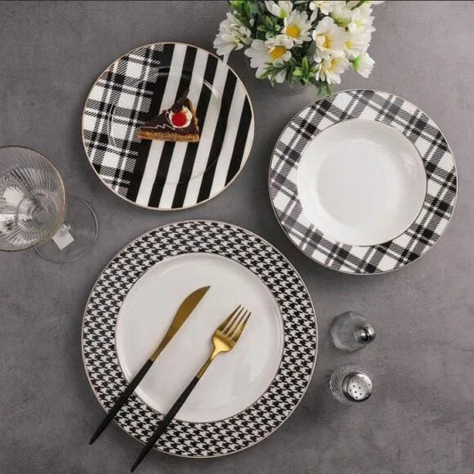 Porcelain Plate Set of 18 (Black White) | Elegant Dinnerware Collection Adornia Pakistan