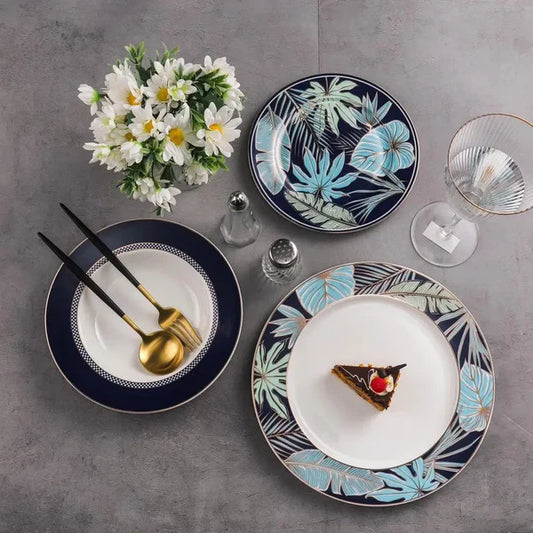 Porcelain Plate Set of 18 (Black Blue) | Elegant Dinnerware Collection Adornia Pakistan