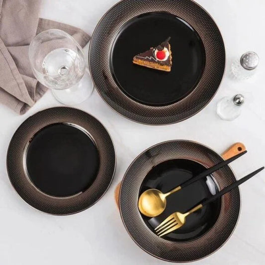Porcelain Plate Set of 18 (Black Gold) | Luxury Dinnerware Collection Adornia Pakistan