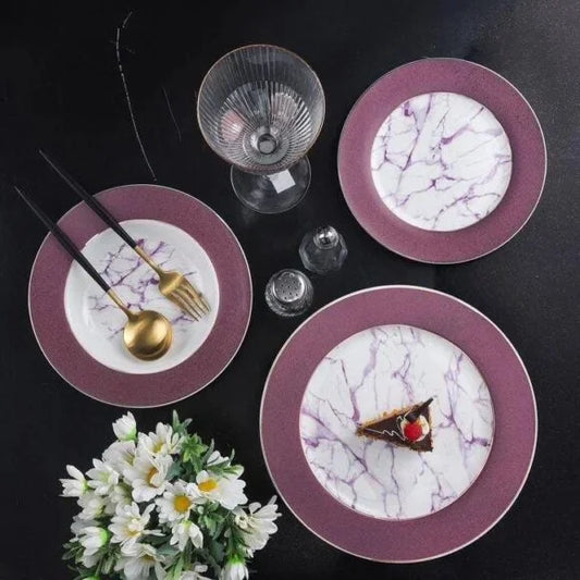 Porcelain Plate Set of 18 (Marble Pink) | Elegant Pink Marble Dinnerware Collection