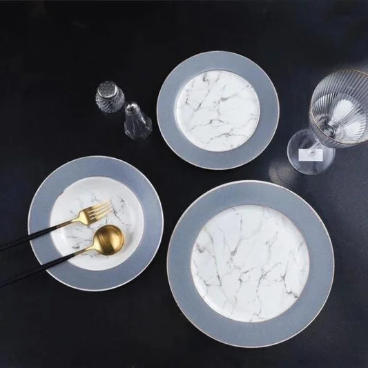 Porcelain Plate Set of 18 (Marble Blue) | Elegant Dinnerware Set for Modern Dining