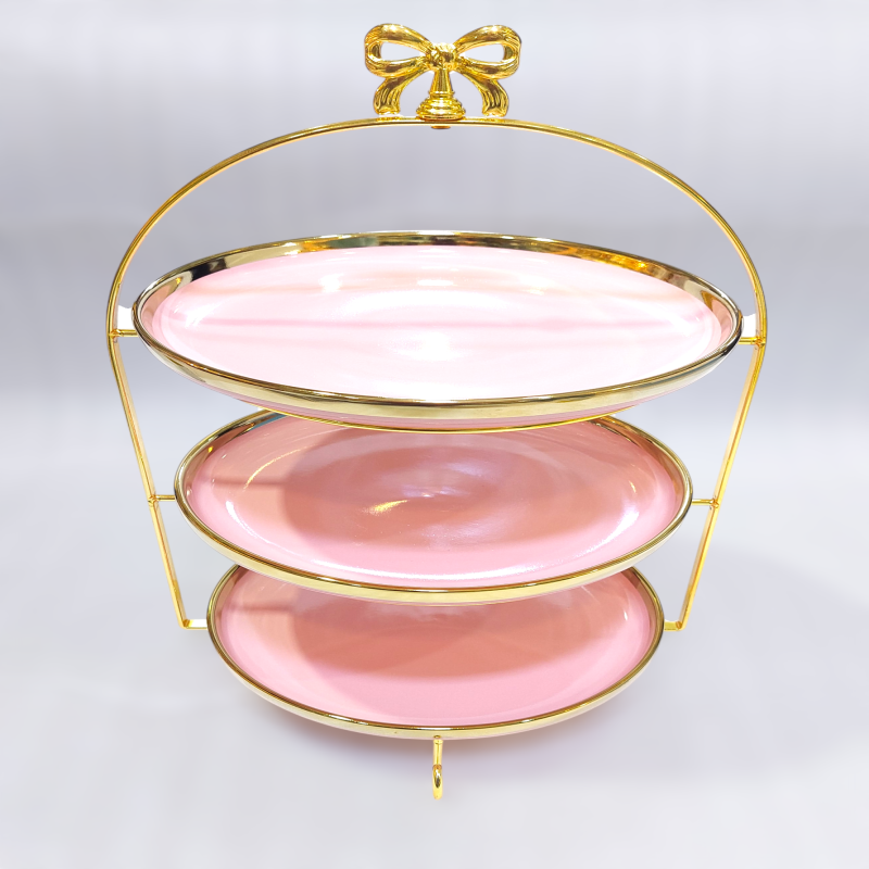 Luxurious 3-Tier Ceramic Pastry Stand with Bow Design – Golden Accents