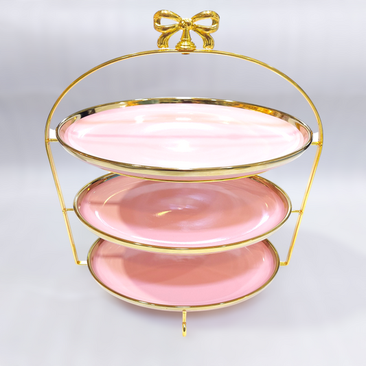 Luxurious 3-Tier Ceramic Pastry Stand with Bow Design – Golden Accents
