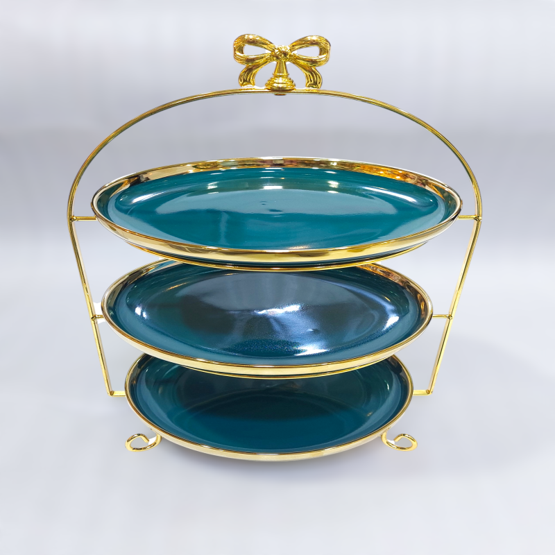 Luxurious 3-Tier Ceramic Pastry Stand with Bow Design – Golden Accents