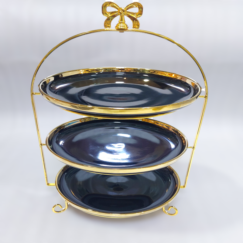 Luxurious 3-Tier Ceramic Pastry Stand with Bow Design – Golden Accents