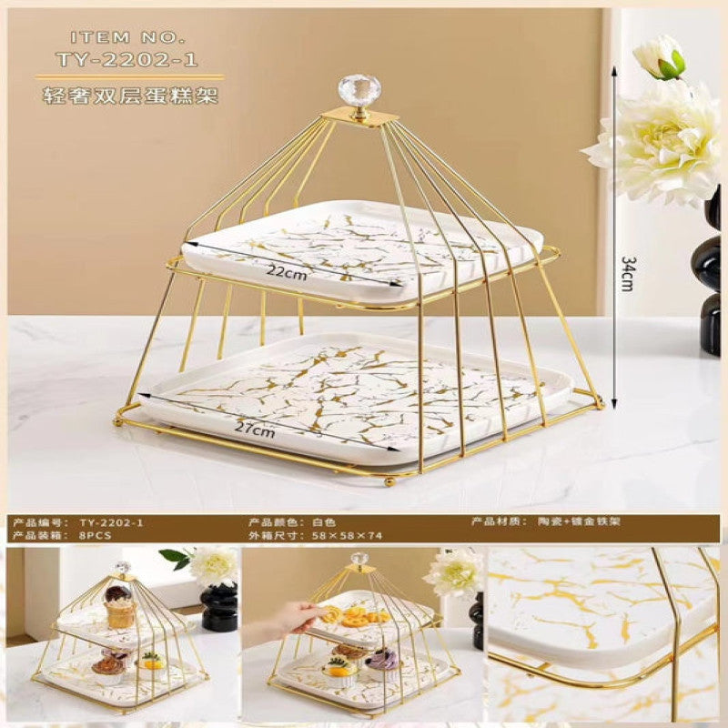 Elegant 3-Tier Golden Metal and Ceramic Dessert Stand