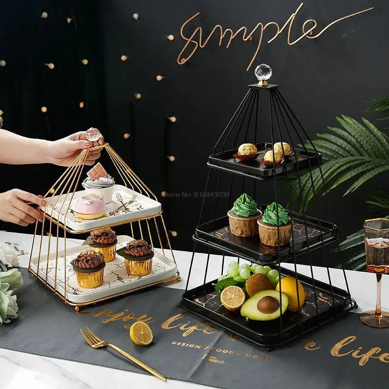 Elegant 3-Tier Golden Metal and Ceramic Dessert Stand