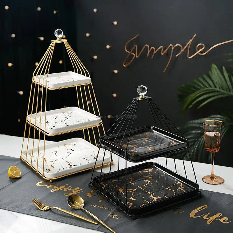 Elegant 3-Tier Golden Metal and Ceramic Dessert Stand