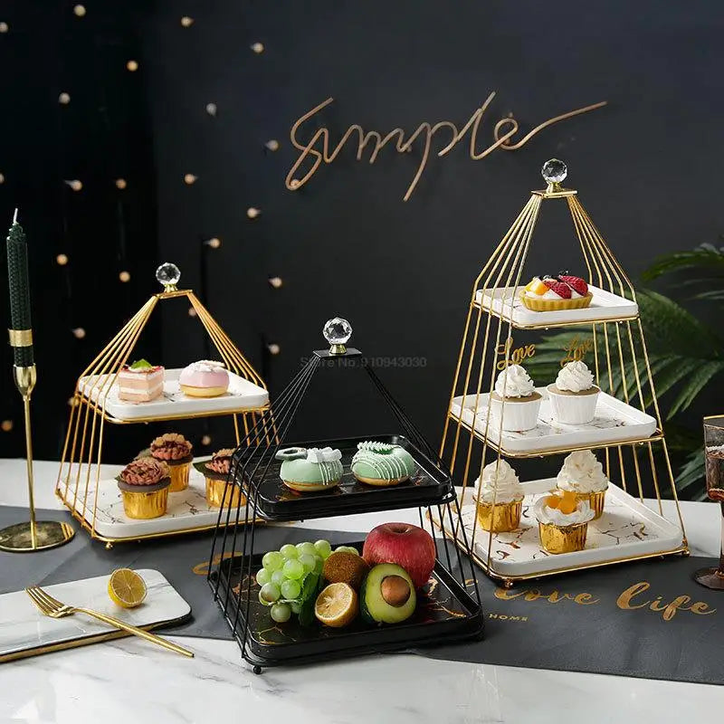Elegant 3-Tier Golden Metal and Ceramic Dessert Stand