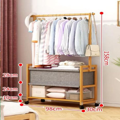 Multi-Functional Wooden Coat Rack with Fabric Basket & Swivel Wheels