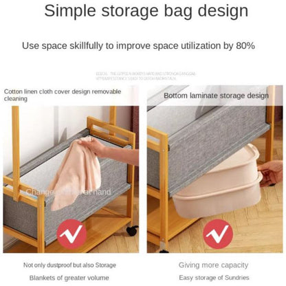 Multi-Functional Wooden Coat Rack with Fabric Basket & Swivel Wheels