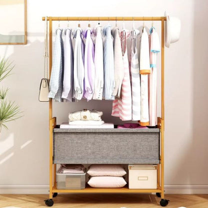 Multi-Functional Wooden Coat Rack with Fabric Basket & Swivel Wheels