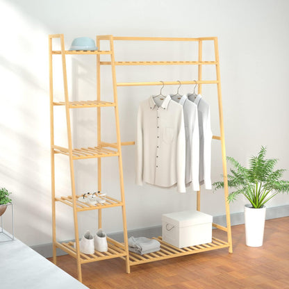 Bamboo Clothing Garment Rack, Free Standing Clothes Coat Hanger, Closet Organizer with Shoe Rack
