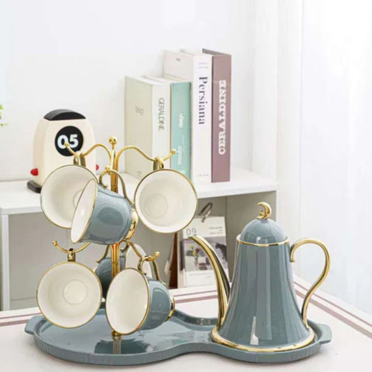 Elegant Ceramic Tea Set with Golden Accents – Includes Teapot, 6 Cups, Stand & Tray