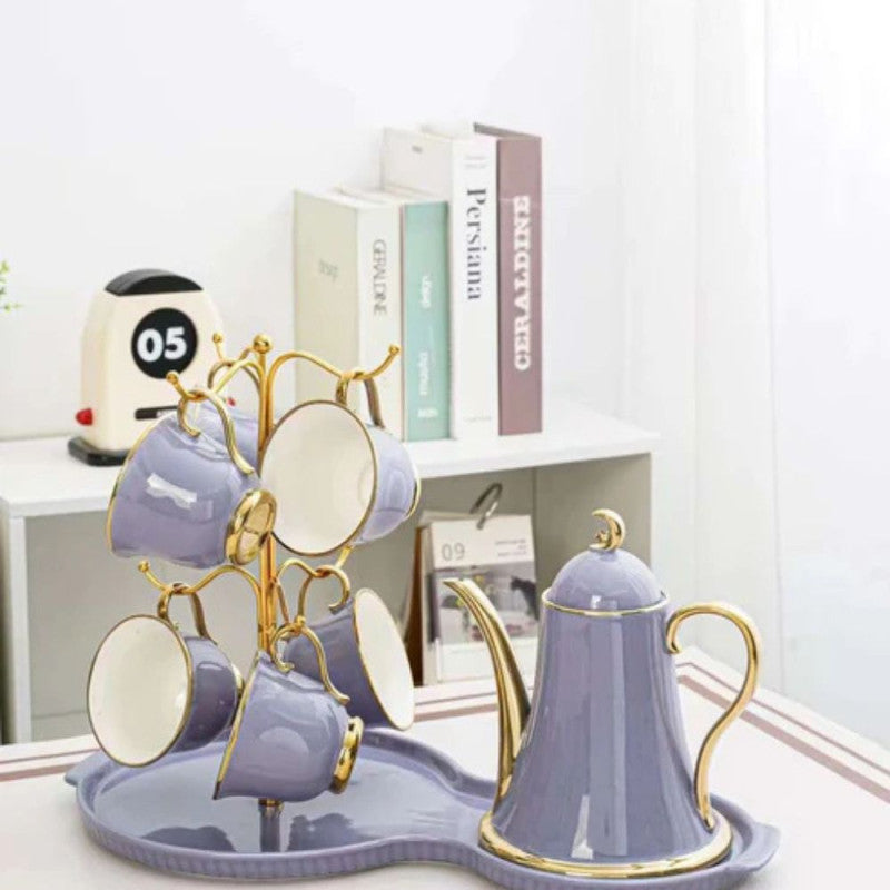 Elegant Ceramic Tea Set with Golden Accents – Includes Teapot, 6 Cups, Stand & Tray