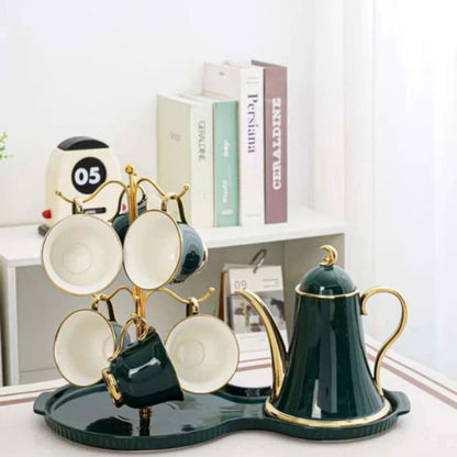 Elegant Ceramic Tea Set with Golden Accents – Includes Teapot, 6 Cups, Stand & Tray