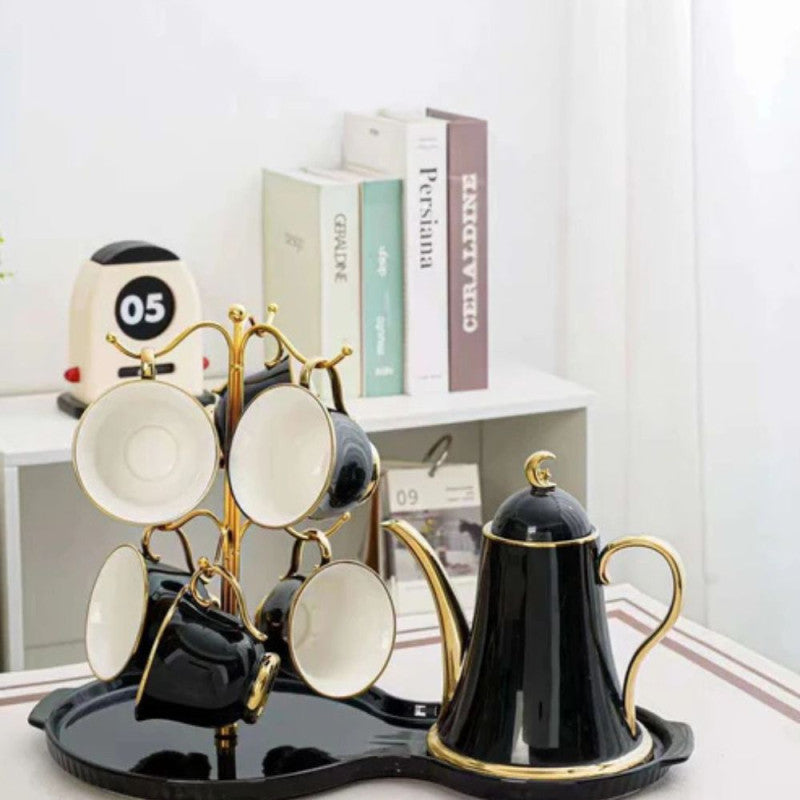 Elegant Ceramic Tea Set with Golden Accents – Includes Teapot, 6 Cups, Stand & Tray
